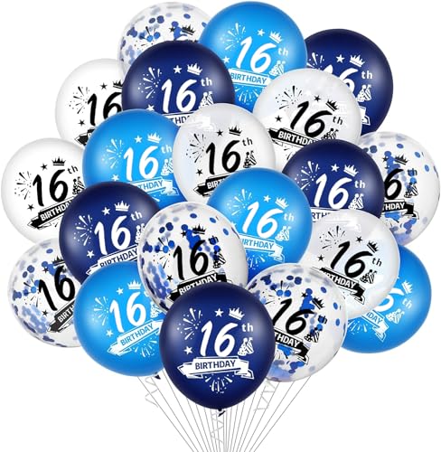 Luftballons 16. Geburtstag, 20 Stück Blau 16 Geburtstag Deko Happy Birthday Luftballon 16, Deco Anniversaire 16 Marineblau Weiß Latex Konfetti Bänder Dekorations Luftballons für Party Tisch von Kareeran