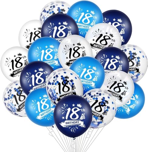Luftballons 18. Geburtstag Deko, 20 Stück 18.Geburtstag Junge Mädchen Blau Happy Birthday Luftballon 18, Deco Anniversaire 18 Marineblau Weiß Latex Konfetti Bänder Dekorations für Party Tisch von Kareeran