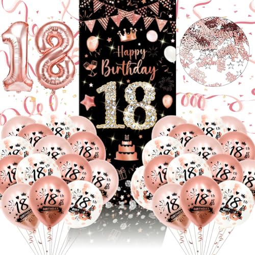 18 Geburtstag Deko, 18ter Geburtstag Mädchen, Schwarz Rosegold Konfetti 18 Geburtstag Luftballons 18 Geburtstag 18 Happy Birthday Banner für Party Deko von Kareeran