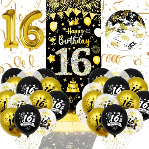 16 Geburtstag Deko, 16ter Geburtstag Junge Mädchen, Schwarz Gold Konfetti 16 Geburtstag Luftballons 16 Geburtstag 16 Happy Birthday Banner für Party Deko von Kareeran