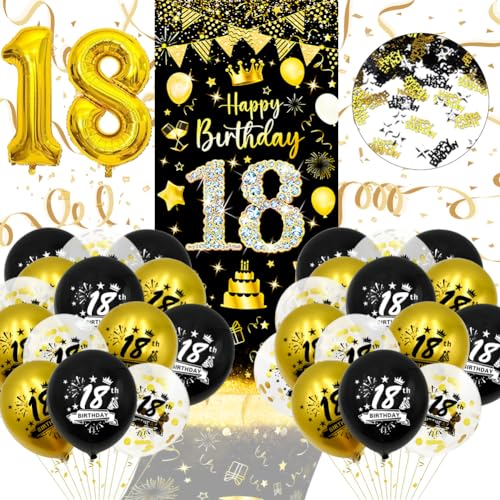 18 Geburtstag Deko, 18ter Geburtstag Junge Mädchen, Schwarz Gold Konfetti 18 Geburtstag Luftballons 18 Geburtstag 18 Happy Birthday Banner für Party Deko von Kareeran