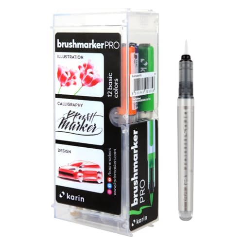 KARIN 27C1 Brushmarker Pro Basic Colours Set inklusive Blender, 12 Stück von Karin