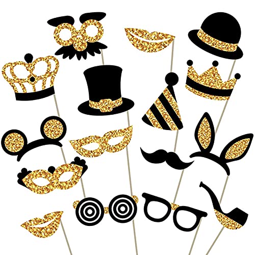 16 Stücke Party Foto Booth Props, Photo-Props Fotobox Accessoires Mix Von Kappen, Bart, Lippen Stift, Krawatte, Kronen und Mehr für Vielfalt Party Geburtstag Party Hochzeiten (Gold) von Karjiaja