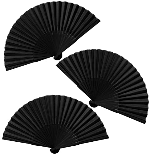 3 Stück Faltbare Fächer Damen, Fecher Sommer Hochzeit Chinesische Fächer Folding Hand Fan Handfächer Schwarz Taschenfächer Faltfächer Klappfächer Stofffacher für Geburttag, Party, Wedding, Wand Deko von Karjiaja