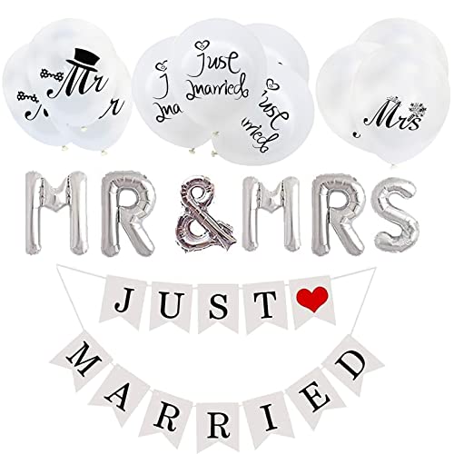 Just Married Girlande, Dekorationen mit 10 weißen Latex-Luftballons, Aluminiumfolie, Mr&Mrs-Luftballons von Karjiaja