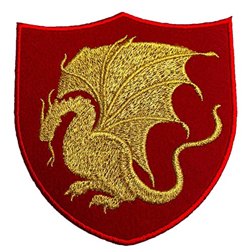 King Arthur Pendragon Patch (10,2 cm) roter Samt + Gold-Stickerei zum Aufbügeln / Aufnähen, besticktes Drachen-Emblem, Kostüm, Cosplay, Umhang, Jacke von Karma Patch