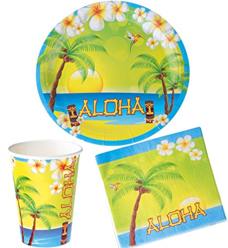 Karneval-Klamotten Party Set Hawaii Sommer Aloha 28 Teile Teller, Becher, Servietten, Partygeschirr von Karneval-Klamotten