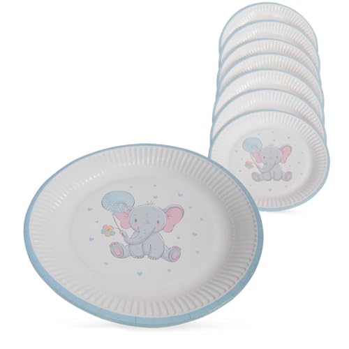 KarnevalsTeufel Baby Shower Deko Elefant Rosa & Blau Einweggeschirr zur Auswahl: Teller, Becher, Servietten Geburtstag Junge/Mädchen, Kinderparty, Taufe (Teller Groß Blau) von KarnevalsTeufel.de