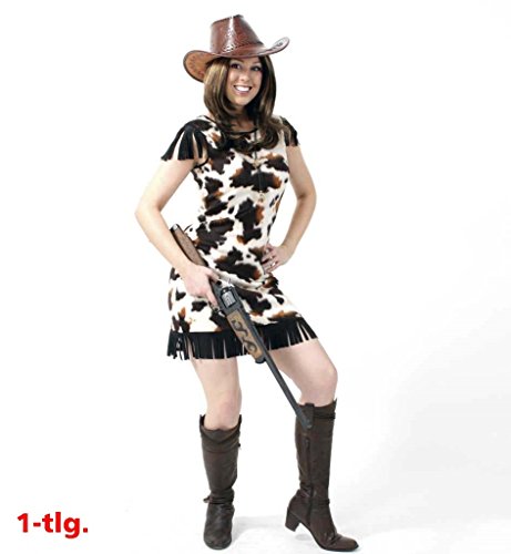 Damenkostüm "Cowgirl Sally" kurzes Kleid in weiß mit braun-schwarzem Kuhflecken-Muster und Fransen an Rock und Schultern weicher Plüschstoff Cowgirl Wilder Westen - in vielen Größen erhältlich (44) von KarnevalsTeufel.de