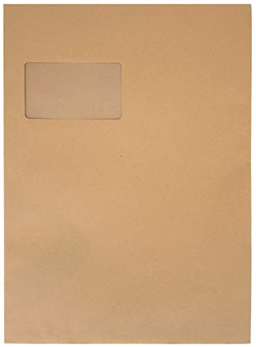 100 / Versandtasche C4 90 g Haftklebend, Recyclingpapier Braun - 229 x 324 mm 22,9 x 32,4 cm - selbstklebend mit Abziehstreifen - mit Fenster von Karten24Plus