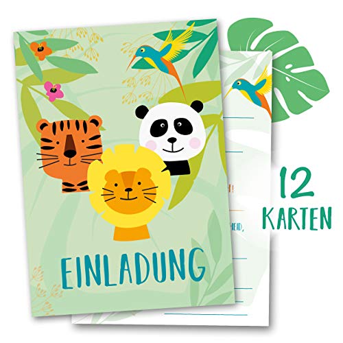 Einladungskarten Kindergeburtstag "Dschungel-Tiere" Urwald • 12x liebevolle Karten für Mädchen & Junge • Für Geburtstag, Motto-Party, Einschulung, • Einfach selbst Ausfüllen (12 Karten) von KartenDeluxe
