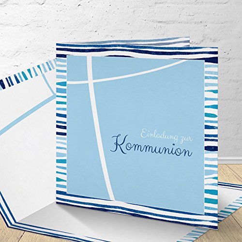 5 Karten zur Kommunion mit passenden Umschlägen, Motiv "blaue Streifen", Einladungskarten zur Kommunion, Klappkarten im Set zu 5 Stk. von KartenKuss.de