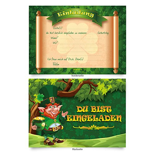 Einladungskarten (8 Stück) zum Ausfüllen für Geburtstag - „Kleeblatt" Kobold von Kartenecke.de