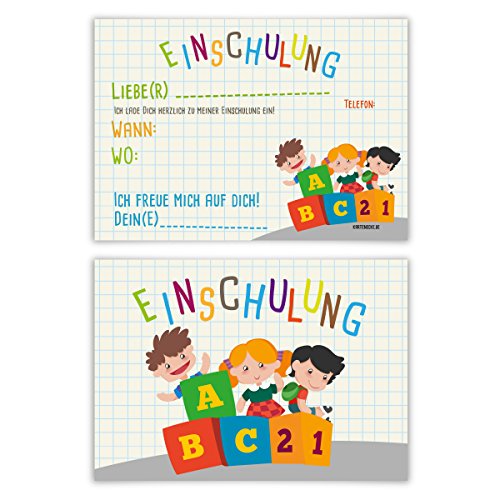 Einladungskarten Einschulung Schulanfang Jungen Mädchen 8 Stück - ABC mit Kindern von Kartenecke.de