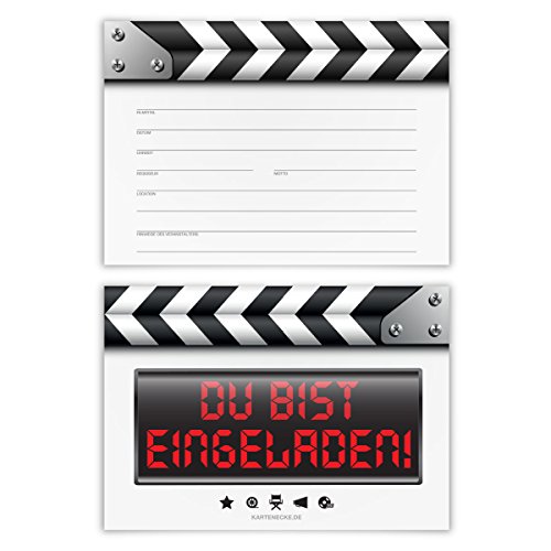 Einladungskarten Erwachsene Kinder Junge Mädchen Geburtstag 12 Stück Karten - Filmklappe Kino Einladung Einladungskarten Erwachsene Kinder Junge Mädchen Geburtstag 12 Stück Karten - Filmklappe Kino Einladung von Kartenecke.de