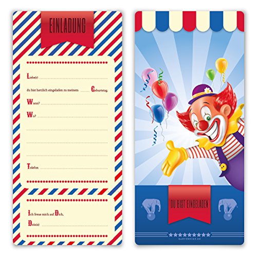 Einladungskarten Kindergeburtstag Jungen Mädchen 8 Stück Karten - Zirkus Clown Ticket von Kartenecke.de