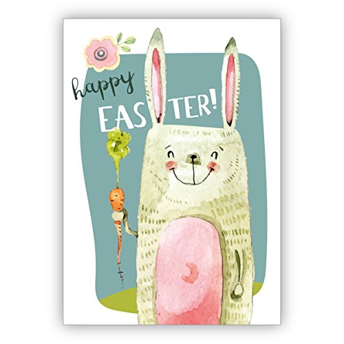 1 Lustige coole Osterkarte mit Osterhase und Möhre zum Osterfest: Happy Easter! • edle Klappkarte mit Umschlag als lieber Gruss für Sie von Kartenkaufrausch