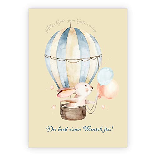 1 Süße Hasen Geburtstags Grußkarte mit Umschlag: Alles Gute zum Geburtstag. Du hast einen Wunsch frei!  - helle Kinder Klappkarte mit Heißluftballon, um herzlich zu gratulieren. von Kartenkaufrausch