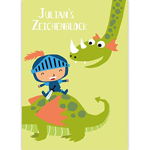 1 personalisierter Lustiger Ritter mit Drachen Malblock A3 für Kinder im Comic Stil mit Namen • Zeichenblock Skizzen-Block 25 Blatt blanko, Papier 100g/m²- für Schule, Basteln, Hobby von Kartenkaufrausch