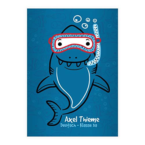 2 personalisierte Lustige Tiefsee Taucher DIN A4 Schulhefte, Rechenhefte mit Comic Haifisch, blau Lineatur 29 (kariertes/rautiertes Heft 16 Blatt/32 S.) Notizheft für Schule, Universität, Büro von Kartenkaufrausch