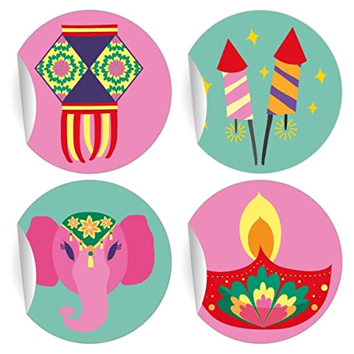 24 Happy Diwali Aufkleber mit Laternen, Raketen und Elefant, rosa grün, MATTE universal Papieraufkleber auch für Geschenke, runde Sticker selbstklebende Etiketten ø 45mm von Kartenkaufrausch