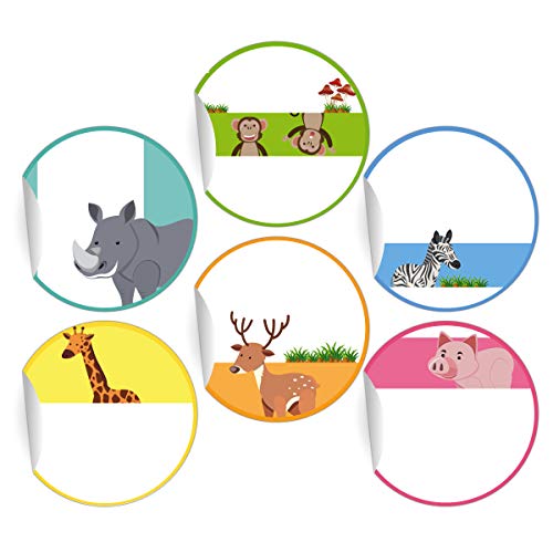 24 Kinder Namens-Aufkleber mit Zoo Tieren zum Beschriften, MATTE Papier runde Sticker, universal runde selbstklebende Sticker, Namensschilder für Deko, Schule (4,5cm) von Kartenkaufrausch