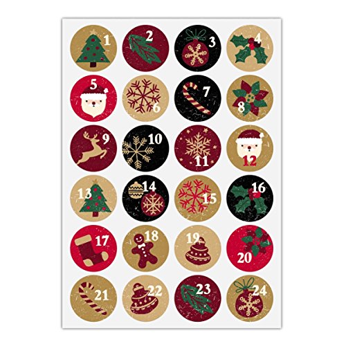 24 Retro Advents Aufkleber mit den Zahlen 1-24 auf Weihnachts Symbolen, rot grün, MATTE universal Papieraufkleber für Adventskalender, Geschenke, runde Sticker , Briefe ø 45mm von Kartenkaufrausch