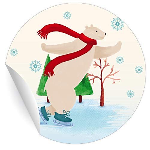 24 Vintage Eisbären Weihnachts Aufkleber mit Schlittschuh laufendem Eisbären, hellblau, MATTE universal Papieraufkleber runde Sticker selbstklebende Etiketten für Dekoø 45mm von Kartenkaufrausch