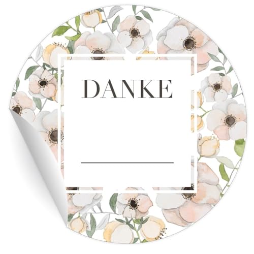24 elegante Dankes Aufkleber zum Beschriften mit leichten Blüten, MATTE universal Papieraufkleber für Geschenke, Sticker selbstklebende Etiketten für Paket Brief Deko (ø 45mm) von Kartenkaufrausch