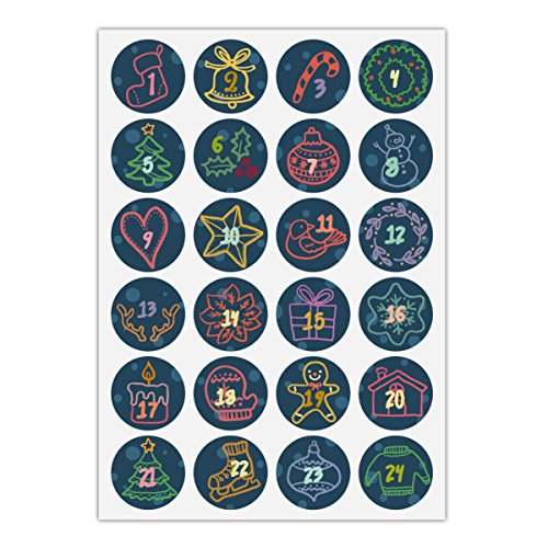 24 gezeichnete Advents Aufkleber mit den Zahlen 1-24 auf Weihnachts Symbolen, blau, MATTE universal Papieraufkleber für Adventskalender, Geschenke, runde Sticker ø 45mm von Kartenkaufrausch