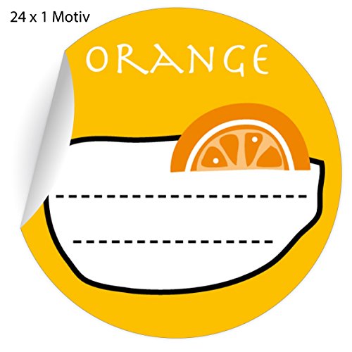 24 leckere Orangen Marmeladen Aufkleber auch für Liköre u.a. Köstlichkeiten zum beschriften, gelb, MATTE Papieraufkleber runde Sticker selbstklebende Etiketten für Dekoø 45mm von Kartenkaufrausch