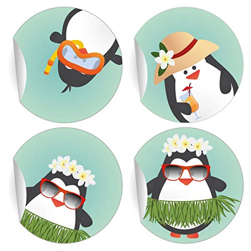 24 lustige Sommer Aufkleber mit Comic Pinguinen, türkis, MATTE universal Papieraufkleber auch für Geschenke, Sticker selbstklebende Etiketten für Paket Brief Deko (ø 45mm) von Kartenkaufrausch