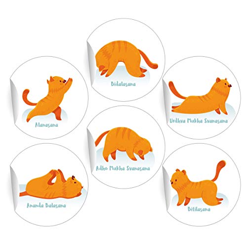 24 lustige Yoga Aufkleber mit Katze in Yoga Figuren, MATTE universal Papieraufkleber für Wellness Geschenke, Sticker selbstklebende Etiketten für Paket Brief Deko (ø 45mm) von Kartenkaufrausch