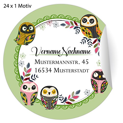 24 nette, Custom Adress-Aufkleber mit schlauen Eulen grün, MATTE universal Etiketten mit ihrem Wunsch Text, runde selbstklebende Sticker, Namensschilder, Schule (4,5cm) von Kartenkaufrausch