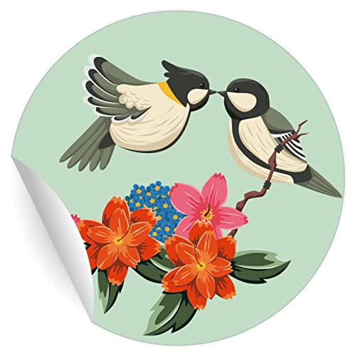 24 romantische Vogel Aufkleber mit küssenden Meisen und Blumen, grün, MATTE universal Papieraufkleber für Geschenke, Sticker selbstklebende Etiketten - Pakete Briefe (ø 45mm) von Kartenkaufrausch