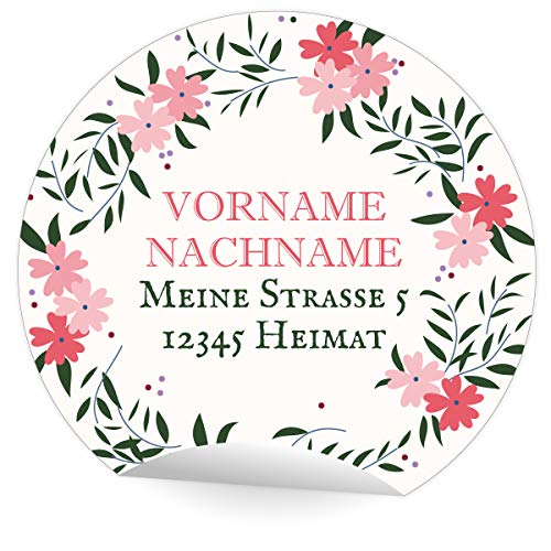 24 schöne, personalisierbare Adress-Aufkleber mit Blumenkranz, MATTE Etiketten runde Sticker mit ihrer Adresse, Text nach Wunsch universal runde selbstklebende Sticker ø 45mm von Kartenkaufrausch