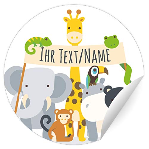 24 tolle Custom Kinder Namens-Aufkleber mit Zoo Tieren, MATTE Etiketten mit ihrem Text universal runde selbstklebende Sticker Namensschilder für Pakete Einschulung (4,5cm) von Kartenkaufrausch