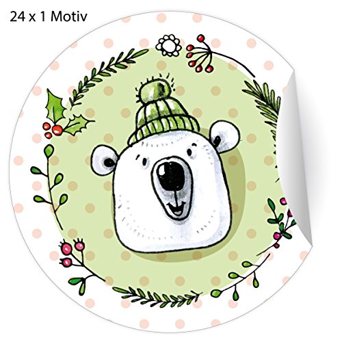 24 witziges Weihnachts Aufkleber mit Eisbären in Mütze zu Weihnachten, MATTE universal Etiketten, runde selbstklebende Sticker für Deko, Pakete, Briefe ø 45mm; 1 Motiv von Kartenkaufrausch