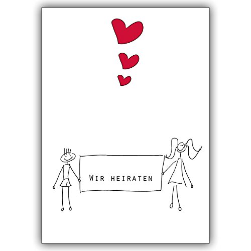 4 Einladungskarten Illustrierte Hochzeits Anzeigen/Einladungskarte mit Herzen: Wir heiraten • edle Klappkarten Set mit Umschlägen innen blanko von Kartenkaufrausch