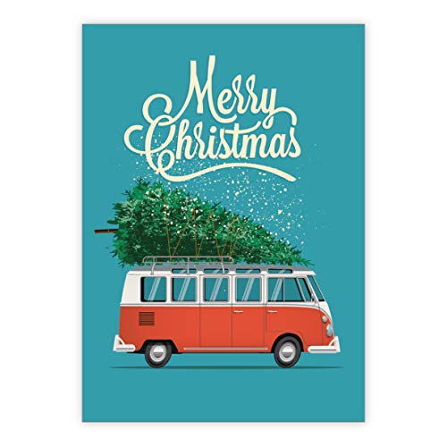 4 Klappkarten: Vintage VW-Bus Weihnachtskarte für Bulli Freunde: Merry Christmas • Weihnachtsgrußkarten inkl Umschläge zu Neujahr, Silvester für Familie, Freunde, Kollegen aus der Firma von Kartenkaufrausch
