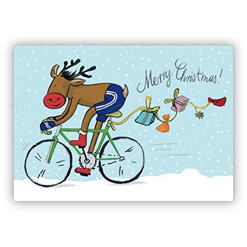 4 Stück im Set: Humorvolle Weihnachtskarte mit Fahrrad fahrendem Weihnachts Elch und Geschenken im Schnee • Klappkarten Set mit Umschlägen zum Weihnachts-Fest, Neujahr für Familie von Kartenkaufrausch