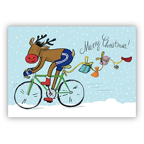 4 Stück im Set: Humorvolle Weihnachtskarte mit Fahrrad fahrendem Weihnachts Elch und Geschenken im Schnee • Klappkarten Set mit Umschlägen zum Weihnachts-Fest, Neujahr für Familie 4 Stück im Set: Humorvolle Weihnachtskarte mit Fahrrad fahrendem Weihnachts Elch und Geschenken im Schnee • Klappkarten Set mit Umschlägen zum Weihnachts-Fest, Neujahr für Familie von Kartenkaufrausch