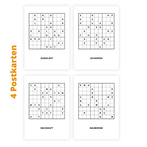 4er Set Sudoku Buchstaben Rätsel Postkarten zum Knobeln für Literatur, Garten, Koch Freunde: dunkelrot, zuckersüß, Wachsduft, Baumkrone, auch schön als Geschenkanhänger, einfach lochen, fertig. von Kartenkaufrausch