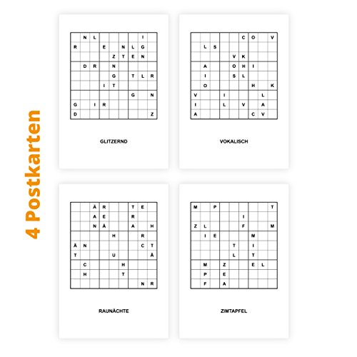 4er Set Sudoku Buchstaben Rätsel Postkarten zum Knobeln für lauschige Winterabende: glitzernd, vokalisch, Raunächte, Zimtapfel - auch als Geschenkanhänger, einfach lochen, fertig von Kartenkaufrausch