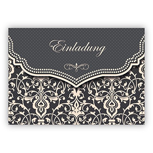 4x Edle Einladungskarte mit Vintage Damast Muster in edlem Grau zur Hochzeit, Taufe, Diner etc: Einladung • schöne Gruss Klappkarten Set mit Umschlägen innen blanko für liebe Worte von Kartenkaufrausch
