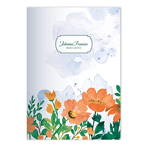 4x personalisierte Garten Blumen DIN A4 Schulheft, Rechenhefte im Aquarell Stil gemalt in Orange Lineatur 22 (kariertes Heft) von Kartenkaufrausch