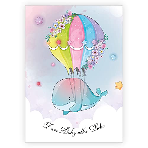 5 Karten: Glückwunschkarte zur Geburt mit Umschlag „zum Baby alles Liebe" • moderne Grußkarte mit niedlichem Aquarell-Wal im Heißluft-Ballon für Mädchen - DIN A6 Geschenk Klappkarte zur Geburt von Kartenkaufrausch