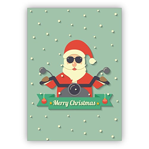 5 Stück: Coole Weihnachtskarte mit Weihnachtskarte auf Motorrad nicht nur für Rocker: Merry Christmas - Weihnachtsgruß Klappkarte mit Umschlag, Glückwünsche zu Weihnachten von Kartenkaufrausch