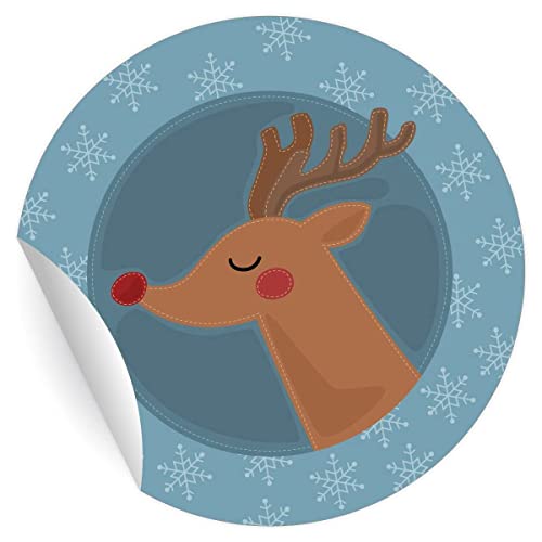 5 x 24 süße Rentier Aufkleber zu Weihnachten mit Schnee Sternen, hellblau, MATTE Papieraufkleber, runde Sticker selbstklebende Etiketten für Brief Paket Deko ø 45mm; 1 Motiv) von Kartenkaufrausch