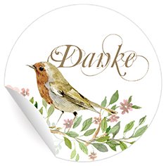 54 wunderschöne Dankes Aufkleber mit gemaltem Vogel auf weiß, MATTE Papieraufkleber für Einladungen, Geschenke, Sticker selbstklebende Etiketten für Paket Brief Deko (ø 30mm von Kartenkaufrausch